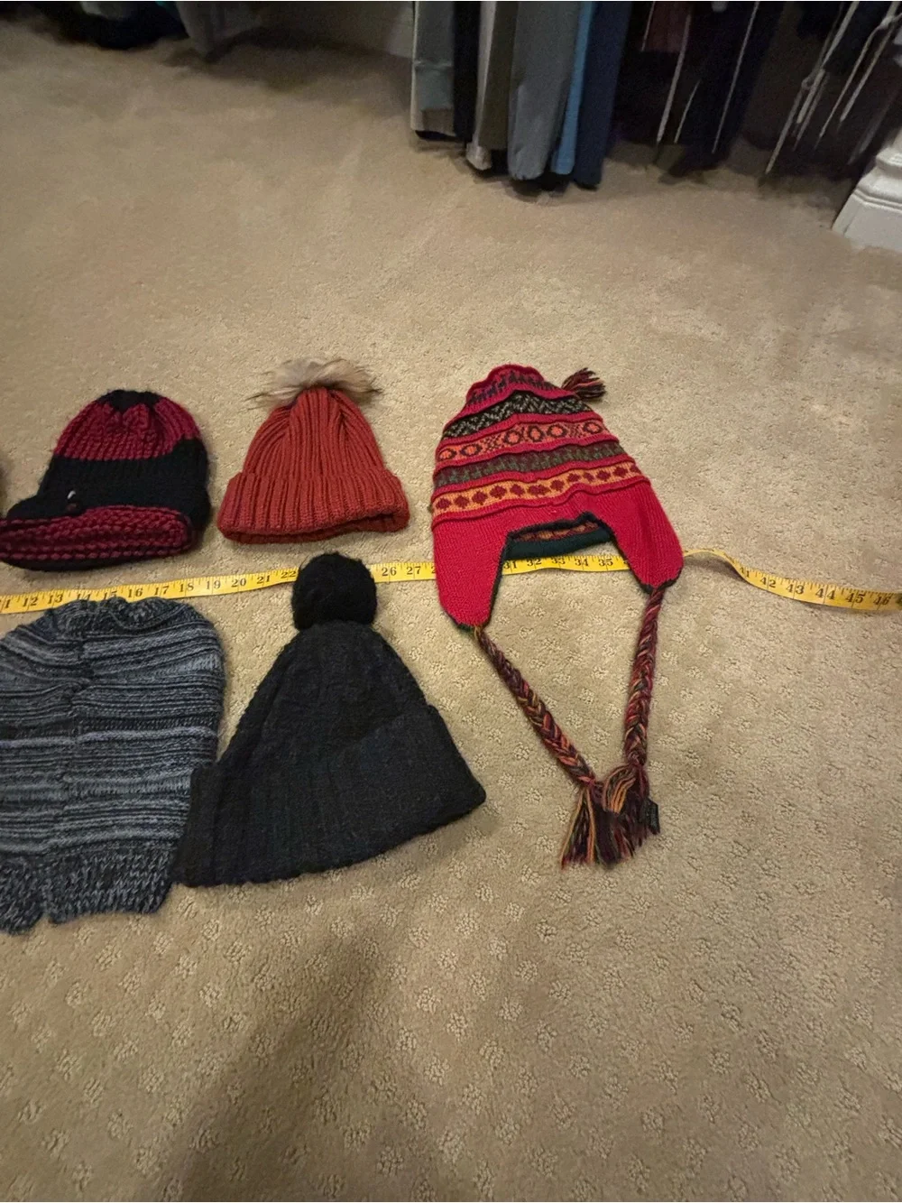 Lot of 7 Knit Beanies and Earflap Hat - Red, Gray, Black, Orange